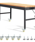 Height Adjustable Workbench With Wheels 60 Inch Solid Wood Top Heavy Duty Rolling Work Table Supports Up To 2000 Lbs, garage use