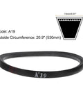 3-Pack A19 Wrapped Rubber Belt A Section V Belt 20.9 Inch Outside Circumference 0.51 Inch Width displaying dimensions and model.
