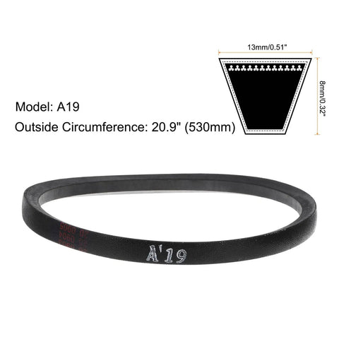 3-Pack A19 Wrapped Rubber Belt A Section V Belt 20.9 Inch Outside Circumference 0.51 Inch Width displaying dimensions and model.