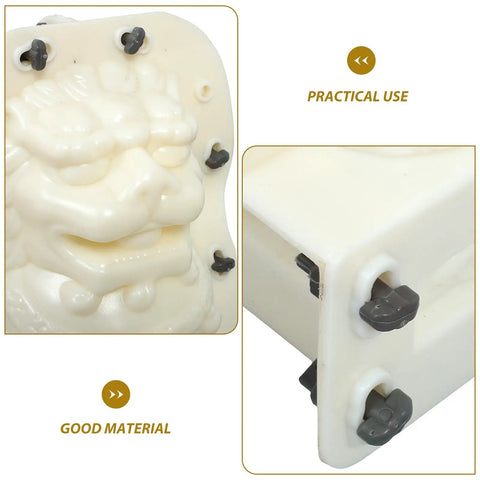 Close-up of Dope Pair Chinese Lion Statue Molds for Cement or Plastic Casting, showing durable white plastic material and practical features.