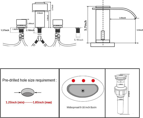 Dimensions guide for Brushed Nickel Widespread Bathroom Faucet With 3 Holes And 2 Handles Dope Modern Waterfall Sink Faucet