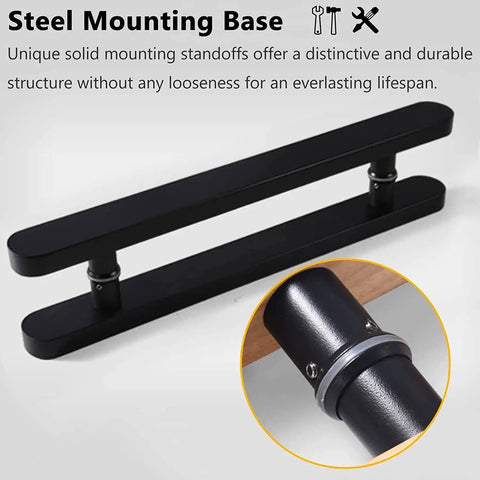 Steel mounting base of Wood Sliding Door Handle Pull For Indoor Outdoor Use with metal standoffs, round handles and wide push pull bar.