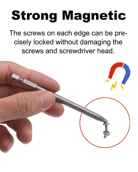 Hand holding a 9 Pack One Quarter Inch Hex Shank Long Magnetic Square Head Screwdriver Bit showing strong magnetic grip.