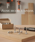 Self Tapping Wood Screws With Countersunk Head In 304 Stainless Steel For Flush Furniture Assembly And Woodworking Projects No Pre Drill Needed Easy Install on wood surface with open box and screwdriver