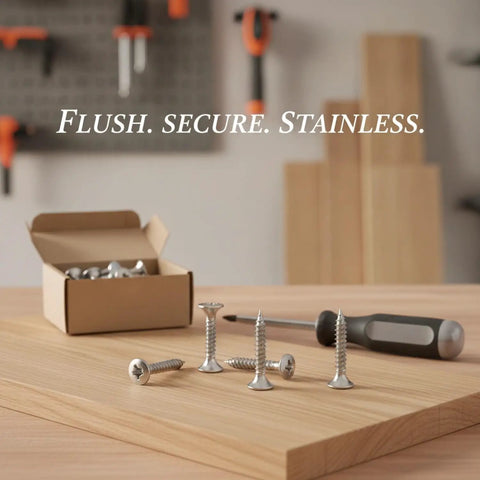 Self Tapping Wood Screws With Countersunk Head In 304 Stainless Steel For Flush Furniture Assembly And Woodworking Projects No Pre Drill Needed Easy Install on wood surface with open box and screwdriver