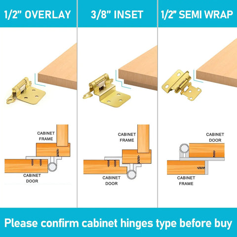 1/2 inch overlay, 3/8 inch inset, and 1/2 inch semi wrap cabinet hinge types for 50 Pack Of 25 Pairs One Half Inch Overlay Self Closing Cabinet Hinges In Tough As Nails Polished Brass Gold Finish For Knockout Kitchen Cupboard Replacement And Zero Fuss Install.