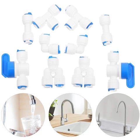 Super Easy Push To Connect White Pom Water Purifier Fittings Kit With 10 Pieces Smooth Hose Connectors No Burrs For Home Filters And Professional Use Super Durable And Quick Install, white plastic fittings