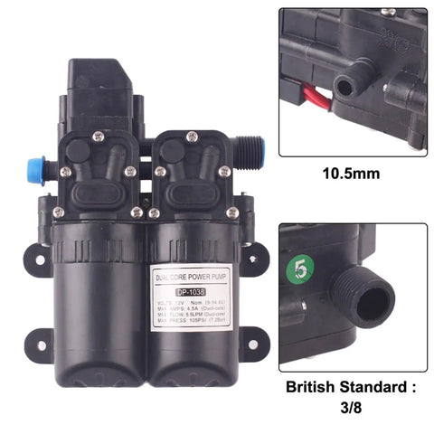 12V Diaphragm Water Pump For Agriculture, 54.5W Electric Spray Pump, dual-core design, British standard fitting, side view