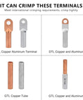 Image of various wire terminals including DTL Copper Aluminum and GTL Copper Tube for use with 18V Hydraulic Crimping Pliers With Digital Display Cordless Rechargeable Wire Cable Lug Tool.