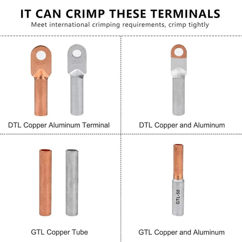 Image of various wire terminals including DTL Copper Aluminum and GTL Copper Tube for use with 18V Hydraulic Crimping Pliers With Digital Display Cordless Rechargeable Wire Cable Lug Tool.
