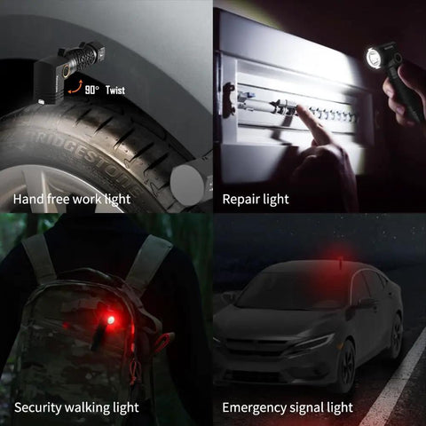 Beast Mode 1800 Lumens Tactical Flashlight With Type C Rechargeable, Magnetic Base shown in various outdoor and emergency uses.