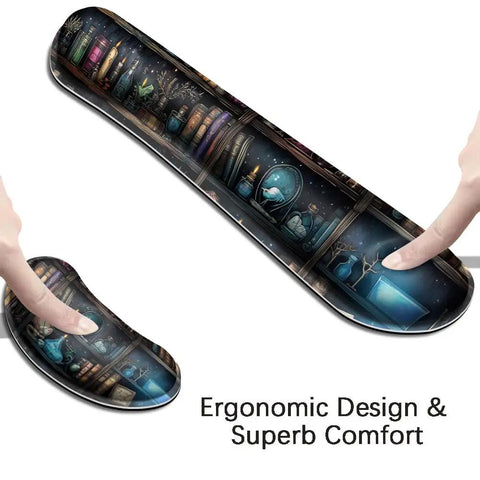Memory Foam Keyboard Wrist Rest And XXL Extended Gaming Mouse Pad Set For Ergonomic Comfort Pain Relief Easy Typing 4 Piece Ultra Thick Desk Mats With Enchanted Bookshelf Design, highlighting ergonomic comfort.
