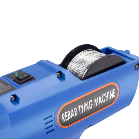 Dynamo Automatic Rebar Tying Machine With 2 X 1800 Mh Batteries Portable Cordless Electric Reinforcing Tier Gun For Steel Mesh Cages And Structures 8-34Mm Range Blue showing steel wire spool