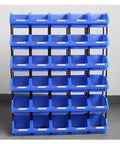 Top Tier Heavy Duty Parts Rack With Garage Storage Bins For Tool Organization And Workshop Supplies Plastic Shop Caddy System with blue bins.