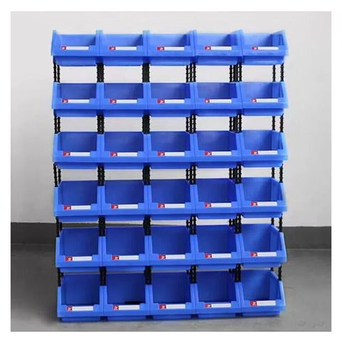 Top Tier Heavy Duty Parts Rack With Garage Storage Bins For Tool Organization And Workshop Supplies Plastic Shop Caddy System with blue bins.