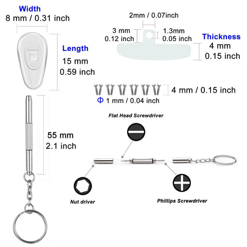 Diagram showing dimensions of Soft Silicone Air Chamber Eyeglasses Nose Pads With 15 Millimeter Screw In Replacement Set Non Slip Lightweight 6 Pairs Includes Screws And Micro Screwdriver Easy To Install For A Comfy Fit.