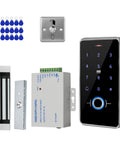 All In One Access Control System Kit With Fingerprint, RFID Card, And Password Keypad, IP68 Waterproof, 180kg Magnetic Lock, Stainless Steel Exit Button, 3.56MHz IC Key Fobs, Power Supply, And Door Sensor displayed with black keypad, silver exit button, and blue key fobs.