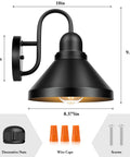Gooseneck Outdoor Light Fixtures 2-Pack Barn Style Porch Lights dimensions and installation accessories shown.