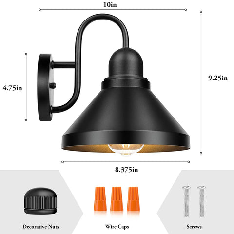 Gooseneck Outdoor Light Fixtures 2-Pack Barn Style Porch Lights dimensions and installation accessories shown.