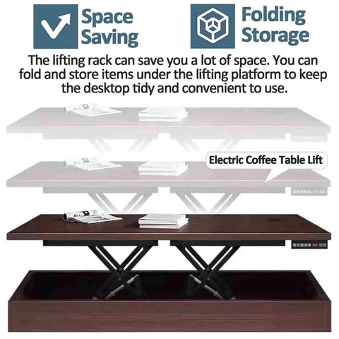 Stylish Compact Electric Lift Coffee Table With Quiet Motor And Wireless Remote For Small Spaces, Durable Folding Frame showing space-saving features and storage.