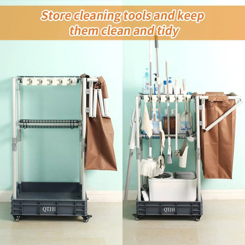 Heavy Duty Mobile Housekeeping Cart With Slick Rolling Wheels Built In Storage Shelves And Solid Broom Mop Holder, organized tools.