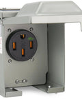 Ready To Roll 50 Amp Electric Vehicle Charging Outlet Box with a durable weatherproof metal housing and NEMA 14-50R plug.