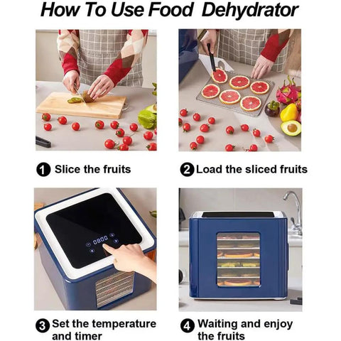 Step-by-step guide for using Premium Stainless Steel Food Dehydrator With Led Digital Touch Screen And Adjustable Timer.