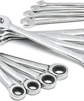 12-Piece 12-Point Ratcheting Metric Wrench Set With Off-Corner Loading, 5-Degree Quick Turn, shown with chrome finish, alloy steel.