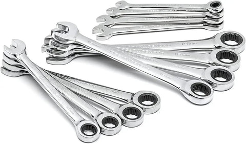 12-Piece 12-Point Ratcheting Metric Wrench Set With Off-Corner Loading, 5-Degree Quick Turn, shown with chrome finish, alloy steel.