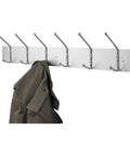 Wall Mount Coat Rack With Six Hooks For Coats Purses Bags And Umbrellas, Easy Install For Hallways And Entryways, Black Satin Aluminum Finish With Chrome Plated Hooks And Protective Ball Tips, mounted with coat