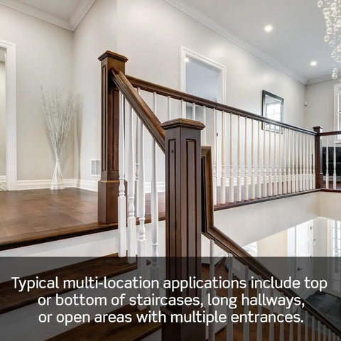 Staircase setting demonstrating use of Decora Smart Dimmer Switch Companion For Multi-Location Dimming Not For Stand-Alone Use