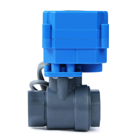 Heavy Duty Half Inch Upvc Motorized Ball Valve With Electric Two Wire Auto Return Switch side view showing smooth gray body and blue actuator.