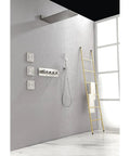 Wall Mounted Waterfall Rain Shower System with 3 Body Sprays & Handheld Shower featuring brushed nickel finish on wall.