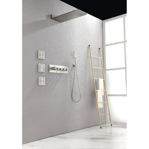 Wall Mounted Waterfall Rain Shower System with 3 Body Sprays & Handheld Shower featuring brushed nickel finish on wall.