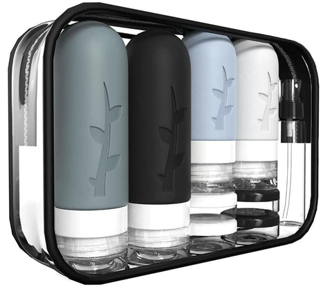 Must Have 18 Pack Travel Bottles Set With TSA Approved Silicone Containers, Leak Proof Refillable Toiletries Kit in clear zipped bag
