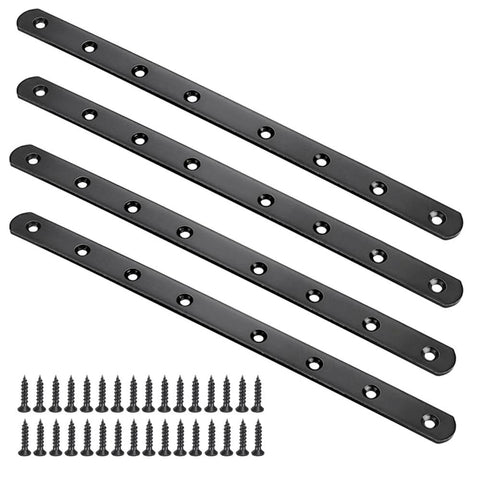 Stainless Steel Flat Mending Plates Set Of 4 For Wood And Metal Repair, 12 Inch Length, 0.8 Inch Wide, with screws, black finish.