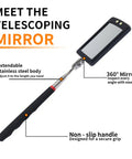 Telescoping Inspection Mirror With 360 Degree LED Rotation, showing extendable stainless steel body and non-slip handle