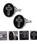 Black Cross Pattern Titanium Steel Cufflinks For Men, polished button style showcasing cross design in a set of two cufflinks.
