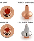 Comparison of laser nozzle tips: single vs double layers and with vs without chrome coating for laser engraving tools.