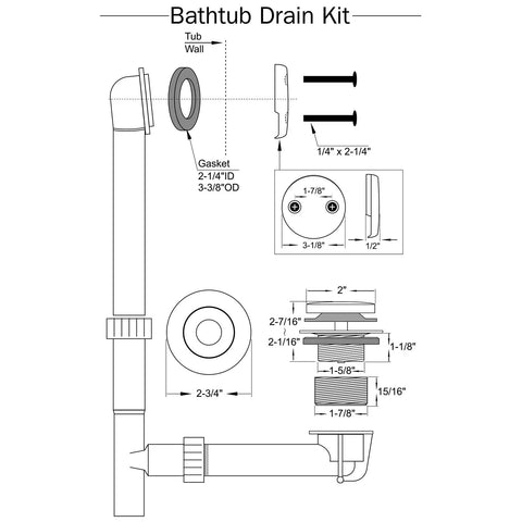 Diagram of Matte Black Tub Drain Kit With Brass Tip Toe Bathtub Drain Trim Set And Two Hole Overflow Cover measurements