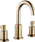 Brushed Gold Two-Handle Deck-Mounted Bathroom Faucet With Swivel Spout And Pop Up Drain Widespread 8 Inch 1.2 GPM Max At 60 Psi Brass Construction Easy Quick-Connect Install Sleek Modern Centerpiece