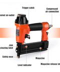 Totally Badass Pneumatic Brad Nailer And Furniture Staple Gun showing trigger catch, compressed air connection, and safety features.