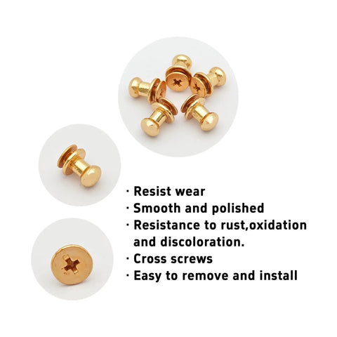 Premium Gold Chicago Button Studs 6mm Round Head leather screws and rivets, showing gold finish and polished design.
