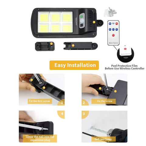 Ultra Bright 120 LED Solar Street Lights Pack installation guide with remote control and mounting hardware.