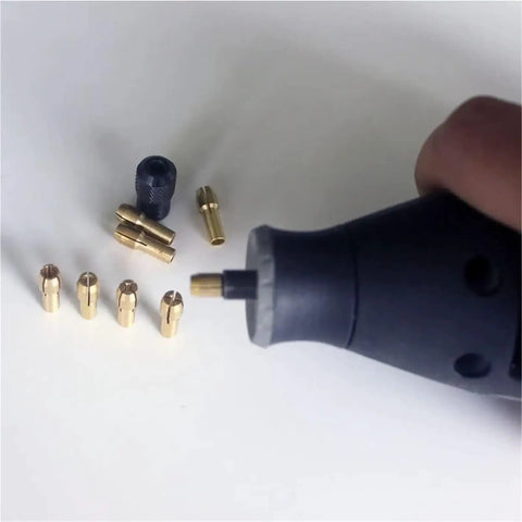 Get These Epic 2 Piece Brass Drill Chuck Adapters With Micro Collets For Your Rotary Tool, showing brass collets and a rotary tool.
