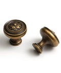 Top Tier Zinc Alloy Cabinet Knobs And Drawer Pulls Antique Brass Finish Five Pack Vintage Hardware for Kitchen Remodel close-up view