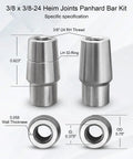 2 Pack 3/8 x 3/8-24 Heim Joint Rod End Kit For Panhard Bar, silver zinc steel, front and side views with measurements