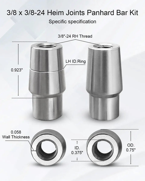 2 Pack 3/8 x 3/8-24 Heim Joint Rod End Kit For Panhard Bar, silver zinc steel, front and side views with measurements