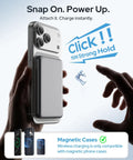 Compact 5000mAh MagSafe Portable Charger With Rock Solid Magnetic Grip attached to iPhone for instant charging.