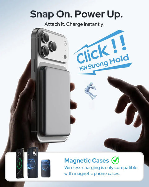 Compact 5000mAh MagSafe Portable Charger With Rock Solid Magnetic Grip attached to iPhone for instant charging.